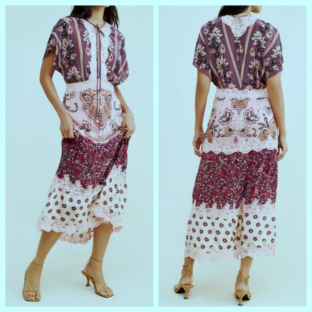 Farm Rio Glam‎ Tapestry Maxi Dress M Lace Floral Slip Boho Cottage New MnrDfct